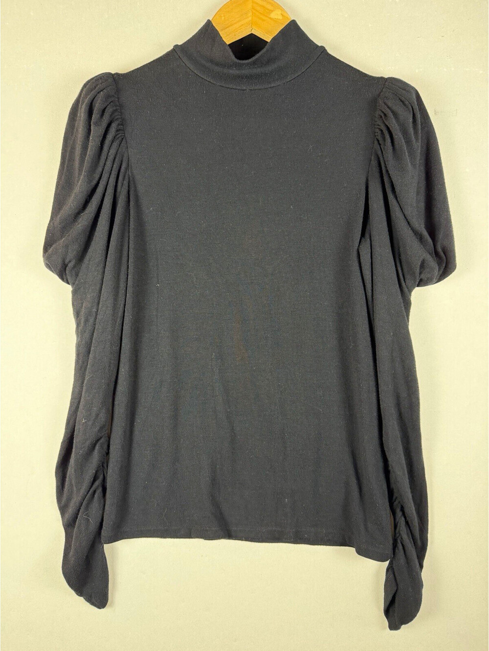 Rebecca Taylor Black Solid Knit Puff Sleeve Mock Neck Stretch Pullover Top S/M